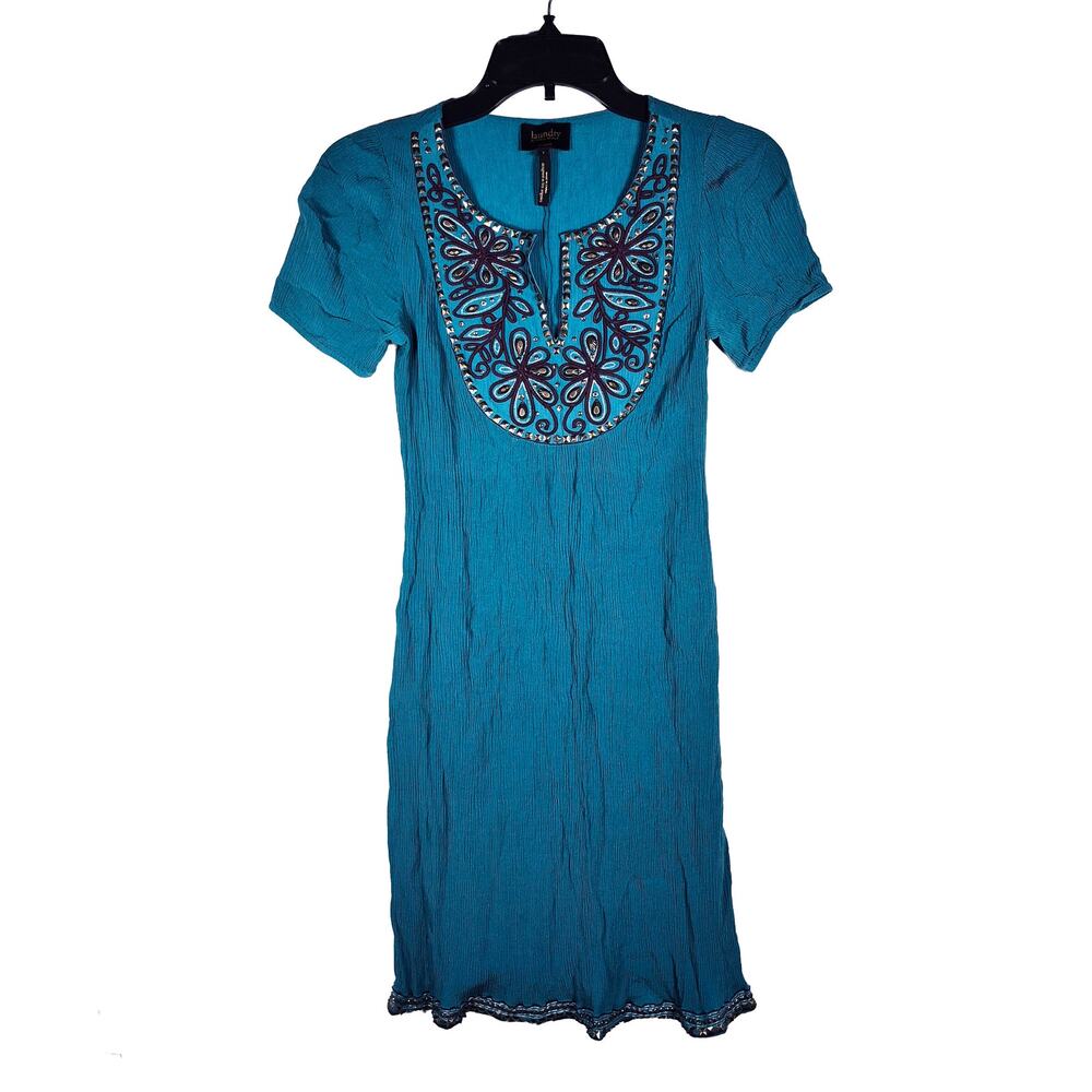 Laundry by Shelli Segal Embroidered Bib Mini Dress Womens size 2 Crepe Kaftan